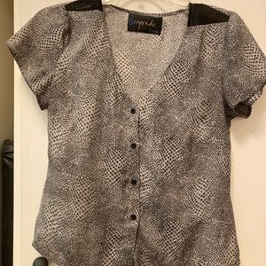Short sleeve button down black and snake print top
